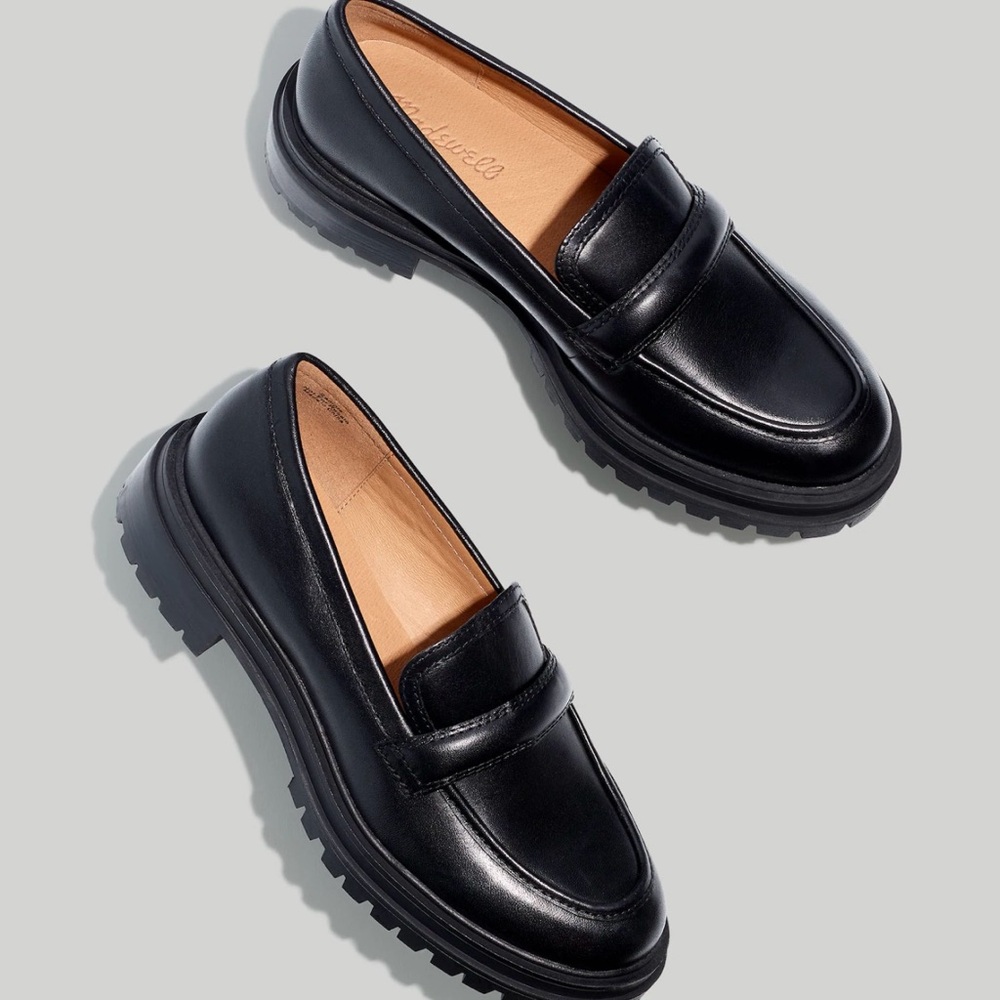 Madewell Black Leather Lug-Sole Penny Loafers